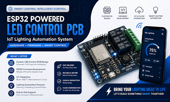 design led control pcb using esp32, iot lighting automation system with firmware