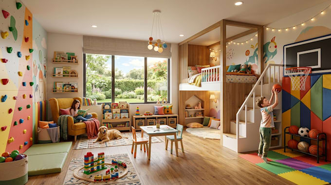 design  3d playroom interior for kids, daycare and gaming spaces