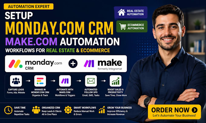 setup monday com CRM make com automation workflows for real estate and ecommerce