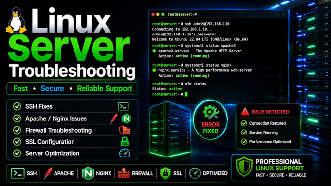 fix linux, windows server, ssh, apache and nginx issues