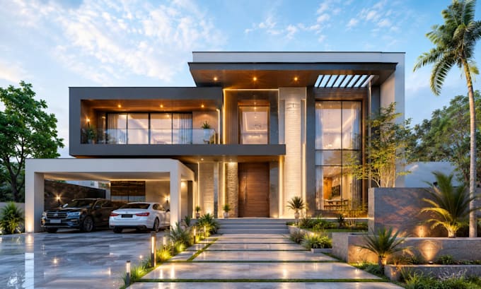 do modern house exterior facade backyard pool 3d rendering