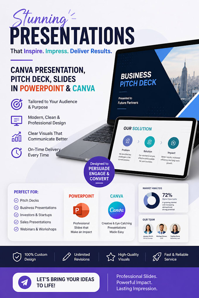 design canva pitch deck, powerpoint presentation and canva presentation