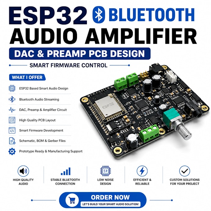 esp32 bluetooth audio amplifier, dac and preamp pcb with smart firmware control
