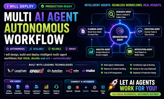 deploy multi ai agent autonomous workflow langchain crewai llm autogen n8n make
