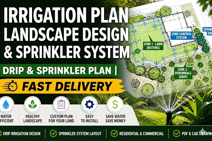 design full irrigation plan, landscape design and sprinkler system for permit
