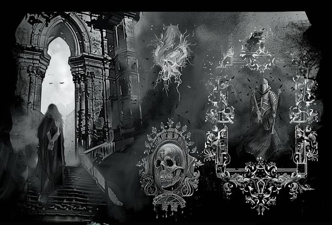draw detailed pointillism darkart with gothic comic style