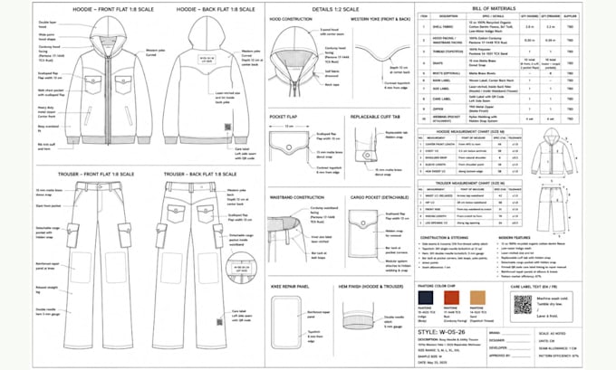 create fashion hoodie tech pack design, apparel design, flat sketch tech pack