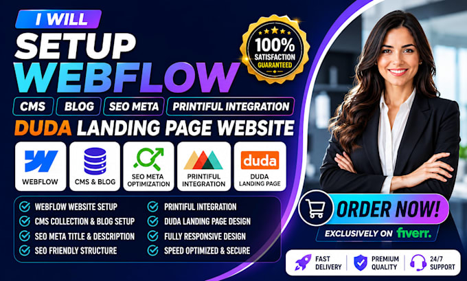 setup webflow cms blog SEO meta printiful integration duda landing page website