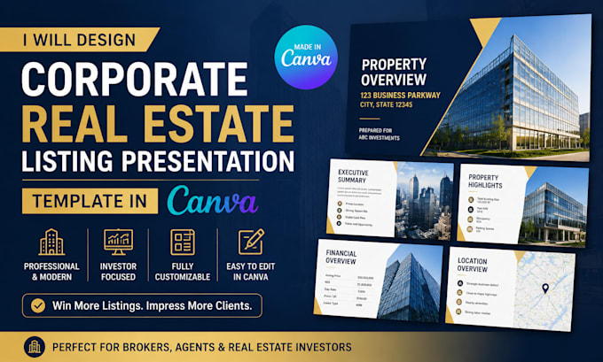 design a corporate real estate listing presentation template in canva