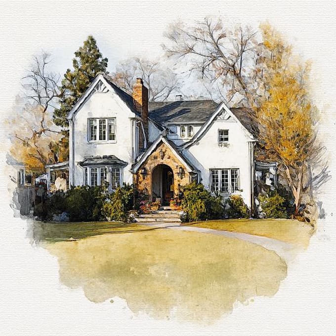 create a custom watercolor home, house illustration