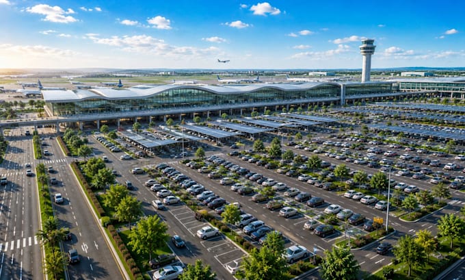 create airport runway terminal parking lot cgi rendering