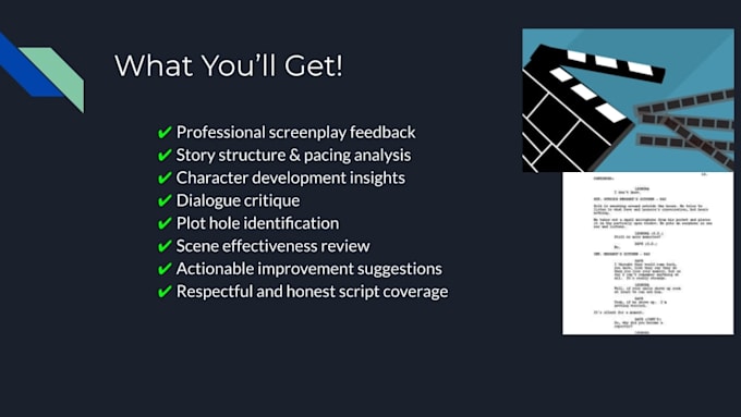 review your screenplay or script and give detailed feedback