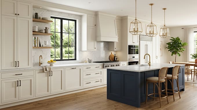 design kitchen cabinetry, kitchen design and residential interior rendering