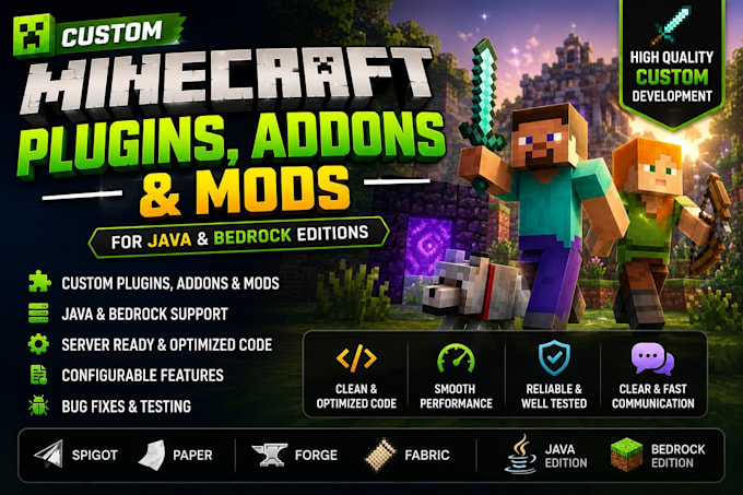 develop minecraft plugins addon and mods for java bedrock