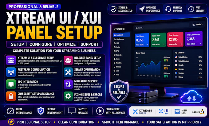 configure xtream ui server, xui panel, drm, script, restream, epg, panel setup