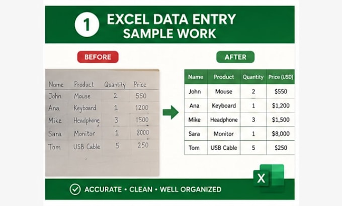 do excel data entry, data cleaning, and typing work accurately