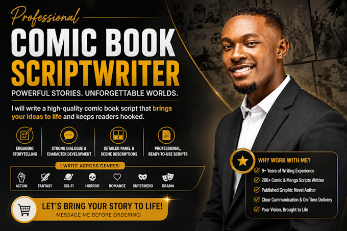 write comic book script, webtoon web comic, manga, anime, youtube script for you