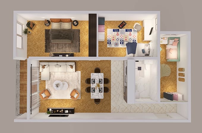 create a complete apartment design with 2d layout and realistic 3d renders
