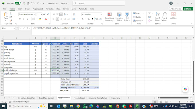 create food costing and inventory sheets in excel