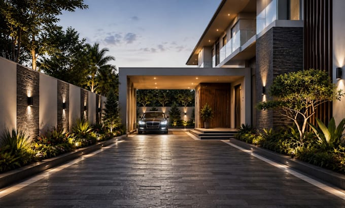 design realistic car park driveway facade exterior rendering