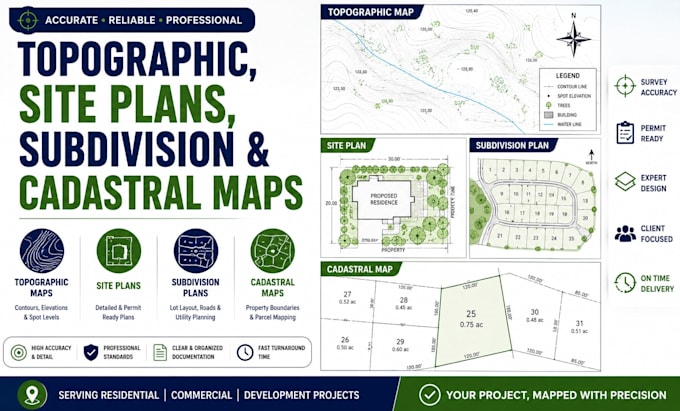 prepare topographic, site plans, subdivision and cadastral maps