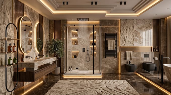 do modern 3d interior design, make rendering for livingroom, bathroom, kitchen