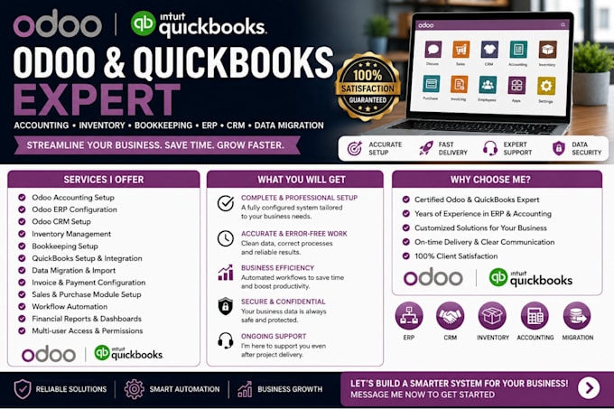 setup odoo accounting inventory bookkeeping erp CRM and data migration quickbook