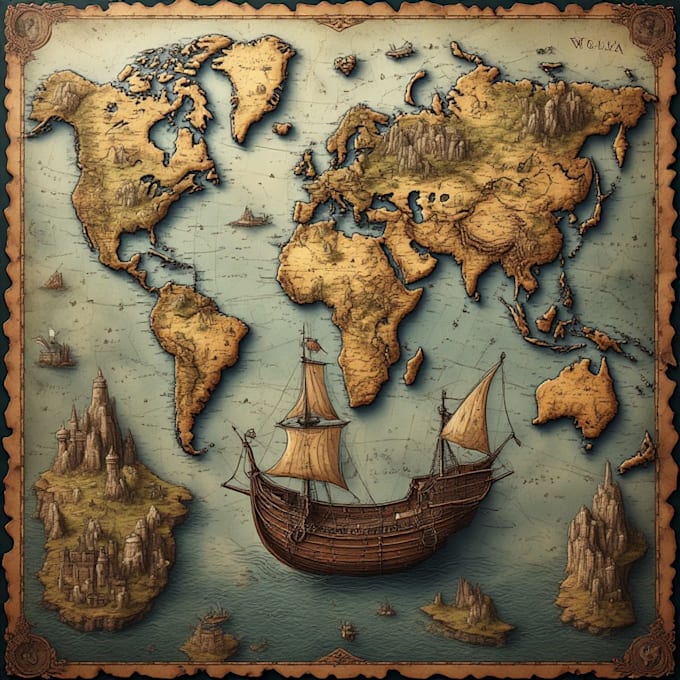 draw fantasy map or ship illustration with cool details