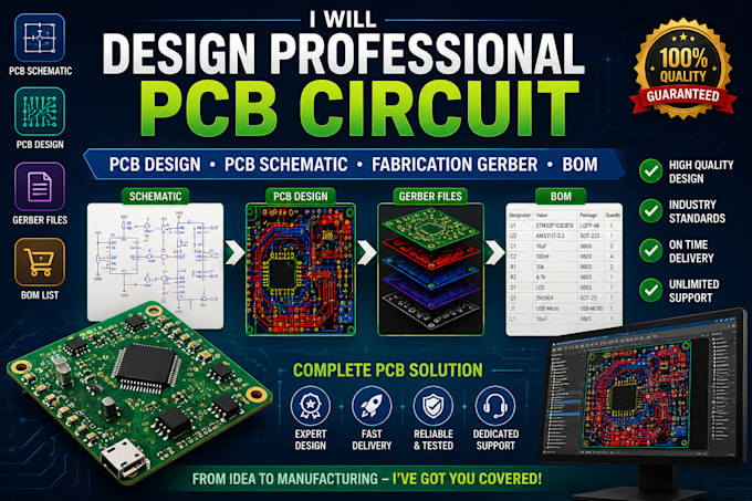 design pcb circuit, pcb design, pcb schematic, fabrication gerber and bom