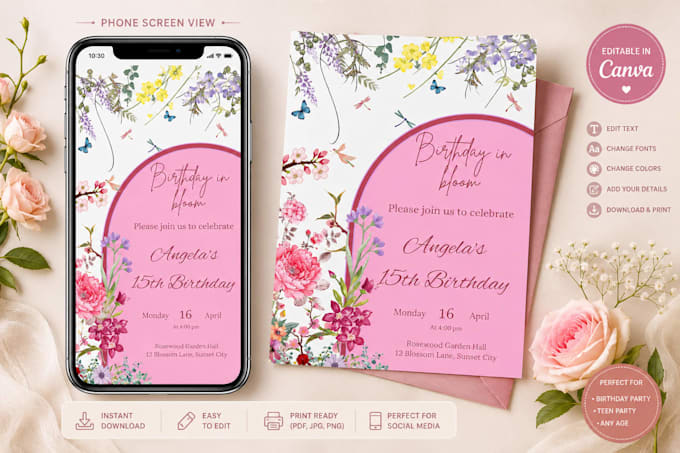 design elegant floral birthday invitation templates in canva