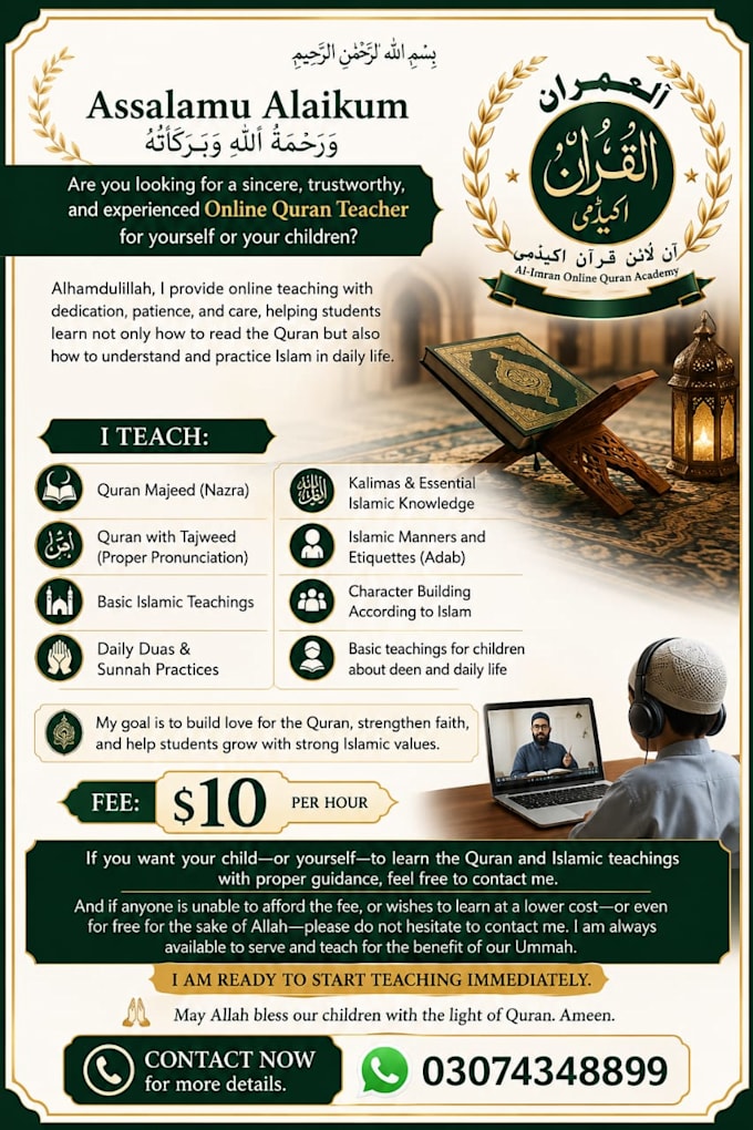 teach quran, duas, namaz and basic islamic teachings