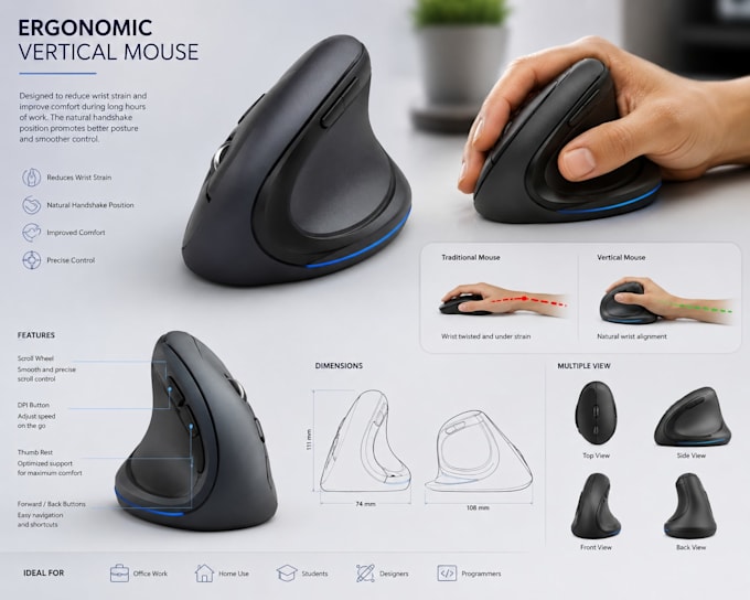 create ergonomic accessory product desgn with 3d concept, vertical mouse product