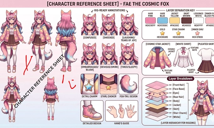 draw a custom vtuber model illustration pngtuber art, anime character ref sheet