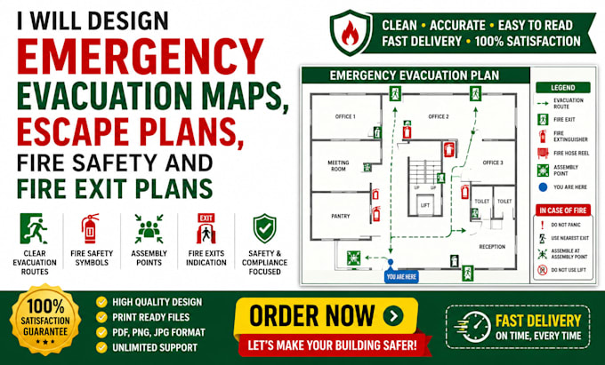 design emergency evacuation maps, escape plans, fire safety and fire exit