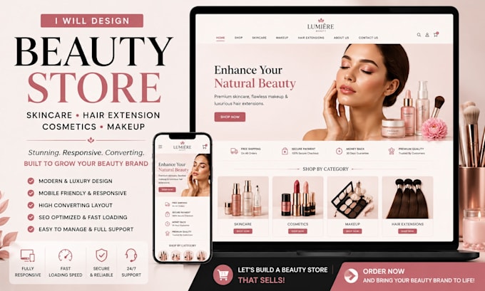 design beauty shopify store skincare hair extension cosmetics and makeup website