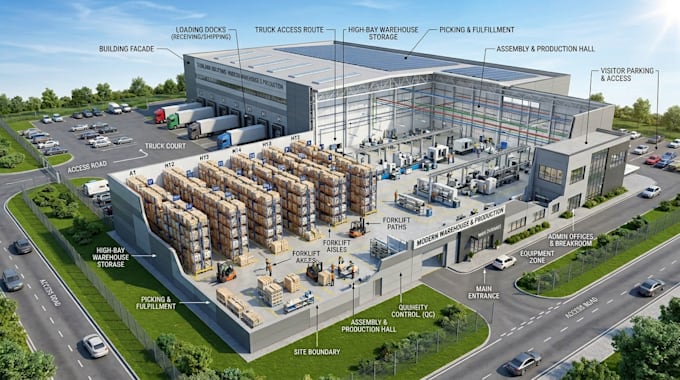 design 3d warehouse and production facilities for planning and presentation