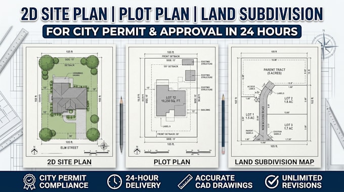 draw 2d site plan, plot plan, land subdivision for city permit in 24 hours