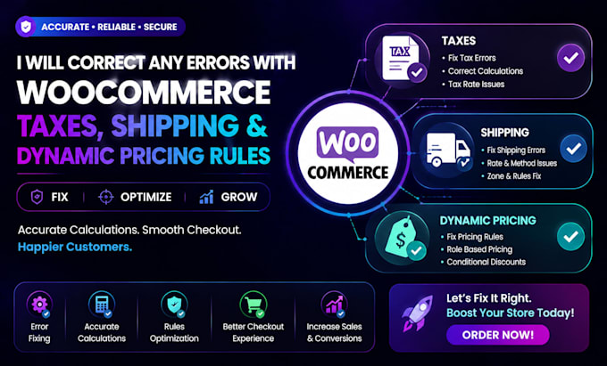 correct any errors with woocommerce taxes shipping, and dynamic pricing rules