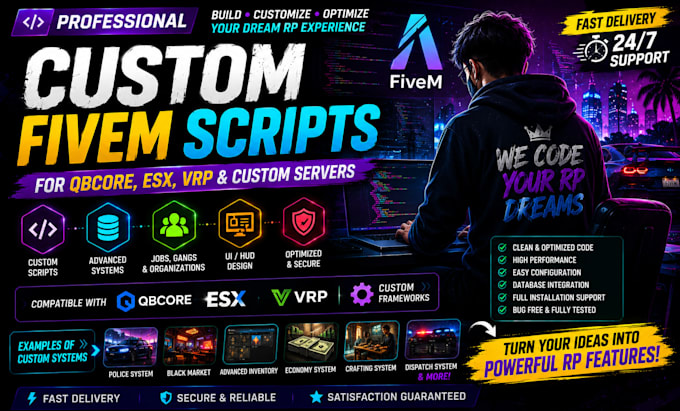 create custom fivem scripts for qbcore, esx, vrp, and custom rp servers