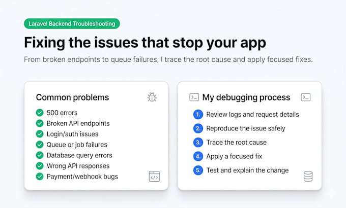 fix your laravel bug, queue job, auth issue or database error in 24h