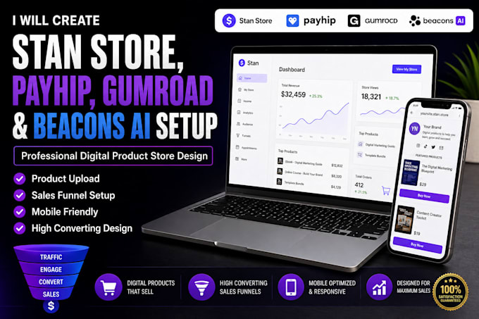 create stan store, payhip, gumroad and beacons ai setup