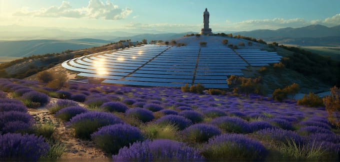 create cinematic cgi solar farm and renewable energy visualization