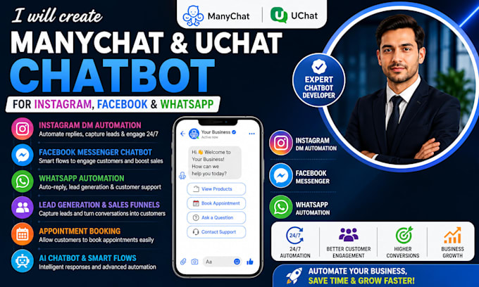 create manychat and uchat chatbot for instagram, facebook, and whatsapp