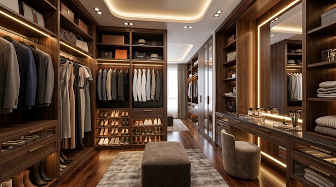design walk in closet ,wardrobe, vanity 3d rendering