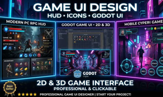 design interactive game ui, hud, user interface icons for 2d, 3d godot game