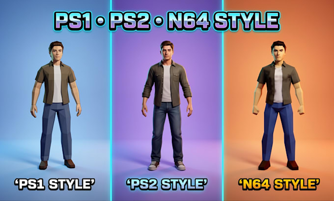 do low poly 3d character 3d game character rigging animation  ps1 ps2 n64 style