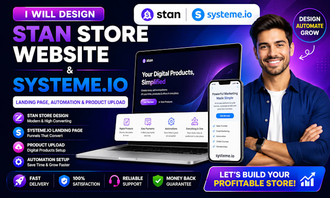 stan store website design automation upload products landing page systeme io