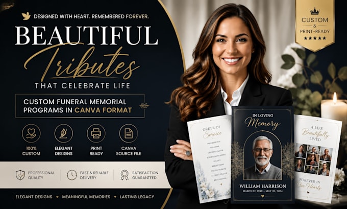 design elegant funeral memorial program booklet in canva format