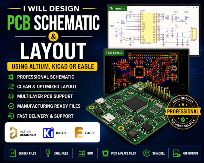design pcb schematic and layout using altium, kicad or eagle