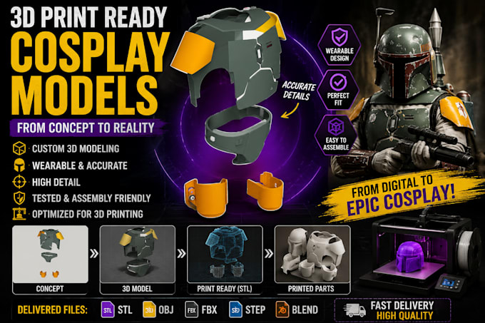 create 3d cosplay model, anime armor, helmet and cosplay prop for printing